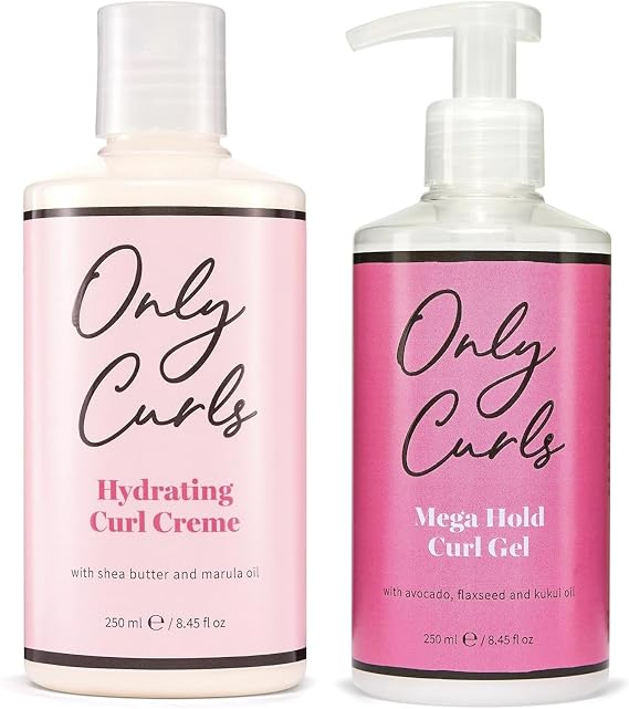 Only Curls Hydrating Curl Crème & Mega Hold Curl Gel Bundle, Curly Hair Products, Leave-in Styling Cream & Medium Hold Gel, Curl Enhancer & Frizz-Control Set, Soft & Defined Curls, Cast-Free, 250ml x2