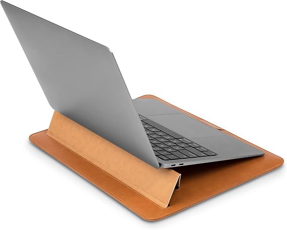 Moshi Muse Laptop Sleeve with Folding Stand for 13" MacBook/Laptop, Ergonomic 15-Degree Convertible Stand, Vegan Leather, Zipper-Less Magnetic Design, Microfiber Inner Lining, Caramel Brown