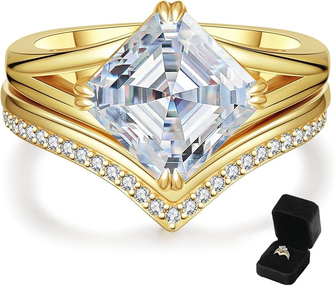 AVECON 2.5CT Moissanite Engagement Ring Set for Women, 14K Gold Plated 925 Sterling Silver, Asscher Cut D Color VVS1, Bridal Rings Sets Wedding Anniversary Promise Gift with Certificate, Size 5-10