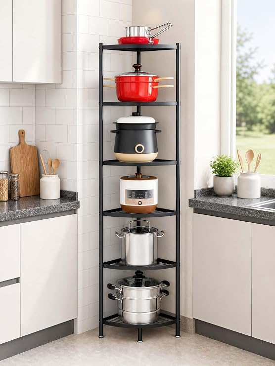 6-Tier Kitchen Corner Shelf Triangular Corner Pot Rack Storage Shelf Multi-tier,Carbon Steel Cookware Stand Home Storage Organizer Holder for Pans Pots and Kettles