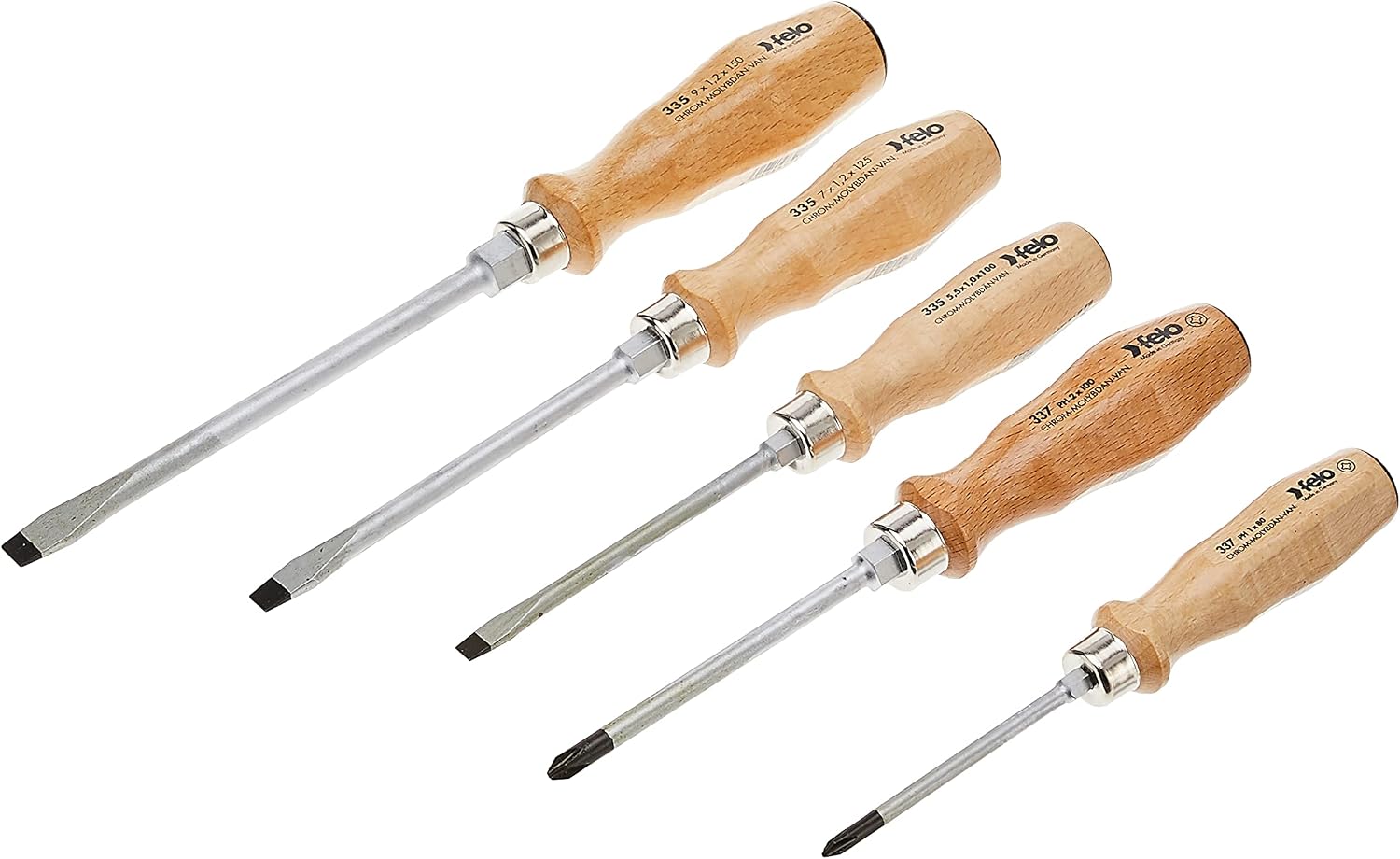 Felo - 33595198 07157 22155 Slotted and Phillips Wood Handle Screwdrivers, Set of 5 Chrome Finish Blade wBeechwood Grip