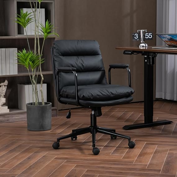 Modern Adjustable 360 Swivel Office Chair, PU Leather Computer Rolling Recline Desk Chair with Wheels and Arms (Black)