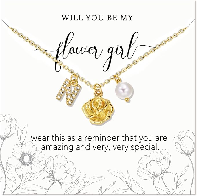 enasal Initial A-Z Flower Girl Proposal Gifts, Rose Pendant Necklace for Flower Girl Bridesmaid On Wedding Bridal Shower Party