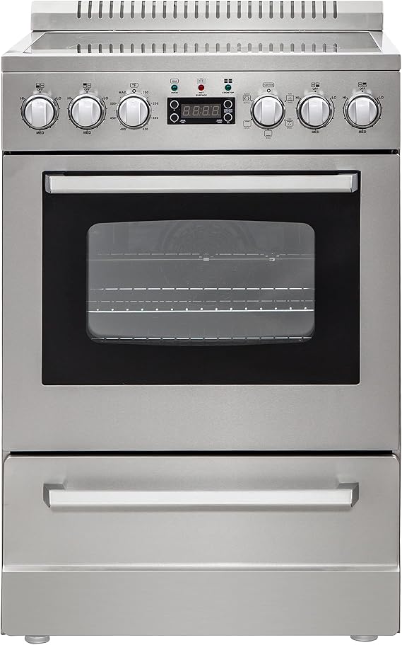 Avanti Electric Range Oven ELITE Series Compact Design, 2.3-Cu.Ft. Capacity with 4 Coil Burners, Framed Glass Oven Door, Storage Drawer and Broiler with Pan, 24-Inch, Stainless Steel