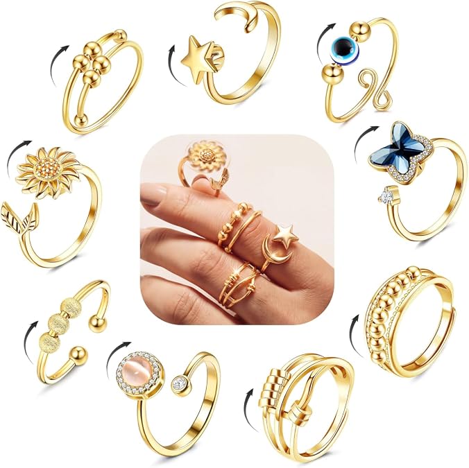 FIBO STEEL 9 Pcs Fidget Anxiety Rings for Women Spinner Fidget Jewelry