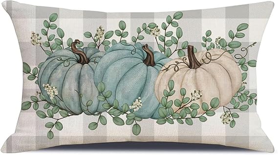 Fall Pumpkin Maple Leaves Throw Pillow Cover, 12x20 Inch Autumn Thanksgiving Buffalo Pliad Lumbar Cushion Cover for Home Couch Sofa Living Room Bedroom Decor Blue CBZ08-02