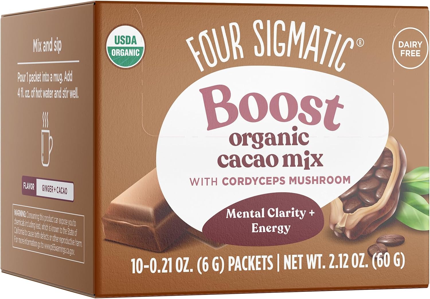Four Sigmatic Mushroom Cacao Mix | Organic Instant Cacao with Cordyceps, Ginger & Coconut | Supports Performance & Energy | Drink it or Bake with it | Vegan, Gluten-Free, Dairy-Free | 10 Count
