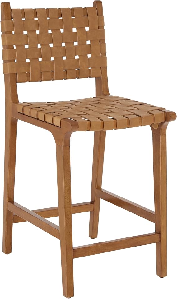 Ball & Cast PU Leather Woven Counter Stool Wooden Frame Kitchen Island Bar Stool with Footrest Backrest Wicker Stool Chair for Dining Room Brown
