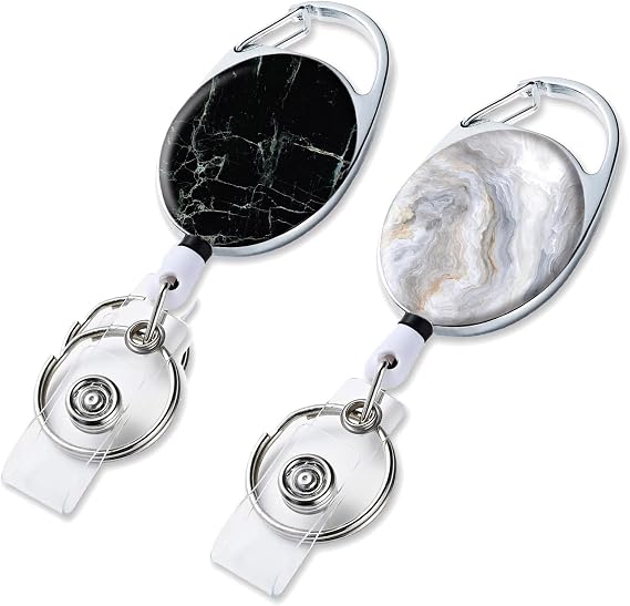 Badge Reel Retractable Badge Holder with Retractable Keychain for Keys Cute Name Nurse Decorative Badge Reels with Belt Clip on ID Card Holders (2 Pack Black & White Marble)