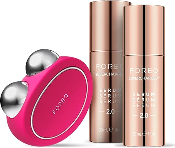 FOREO Bear Forever Firm set halinde – Bear yüz masaj aleti mikro akım + 2 x iletken serum 30 ml – yaşlanma karşıtı cihaz – yüz kaldırma – fuşya