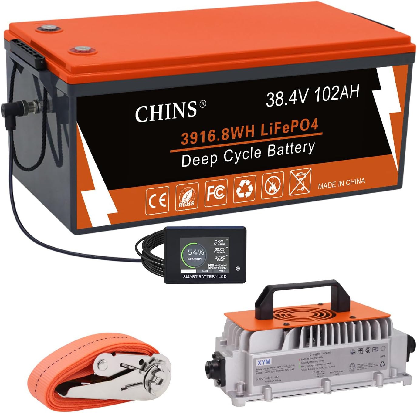 CHINS 36V 102Ah Lithium Golf Cart Battery, Built-in Smart 200A BMS, 36V Lithium Battery 4000 Cycles Rechargeable, 36V LiFePO4 Battery Perfect for Golf Cart