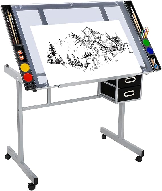 Nova Microdermabrasion Glass Top Drafting Table with Storage, Adjustable Drawing Desk Rolling Art Craft Station Writing Work Table with Drawers & Wheels