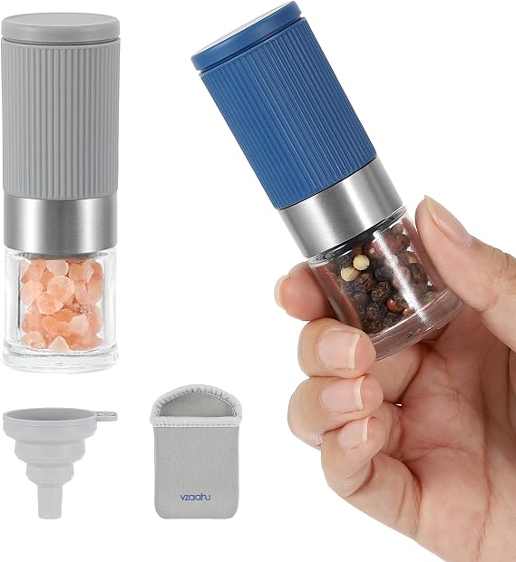 vzaahu Mini Salt and Pepper Grinder Set Blue and Gray with Bag and Funnel, Small Travel Portable Spice Tools, Adjustable Coarseness, Refillable, Ceramic Burrs Seasoning Mills for Cooking, BBQ, RV