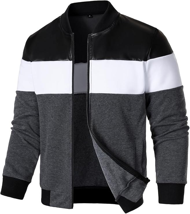 FANARCHER Mens Lightweight Bomber Jacket Casual Zipper Coat Color Block with Faux Leather Varsity Jacket