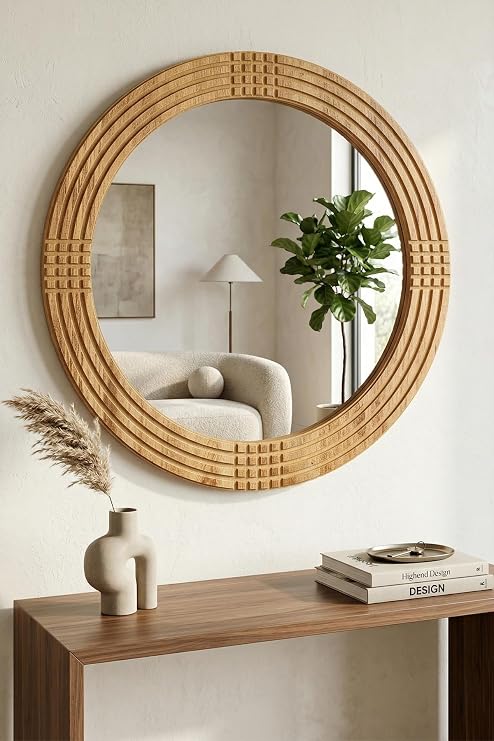 Sapphire Antique Embroidered Wooden Decorative Mirror Round Mirror Wall Mirror Bathroom Sink Mirror (31cm Mirror - 43cm Frame)