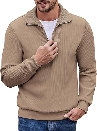COOFANDY Mens Quarter Zip Up Pullover Mock Neck Long Sleeve Sweater Casual Corduroy Polo Sweatshirt