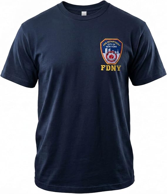 Artisan Owl Fire Department Style Embroidered Patch Cotton T-Shirt, Regular, NavyBlue
