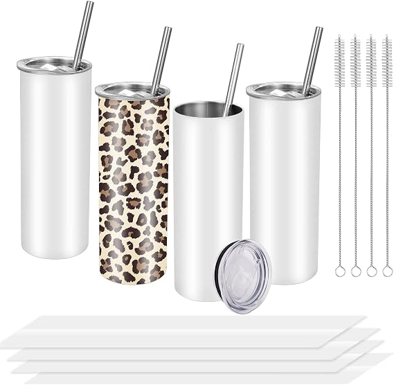 Sublimation Blanks Skinny Tumbler - White 20 OZ Straight Stainless Steel Tumbler with Metal Straw for Mug Tumbler Sublimation Tumblers for Heat Transfer, 2pcs/4pcs