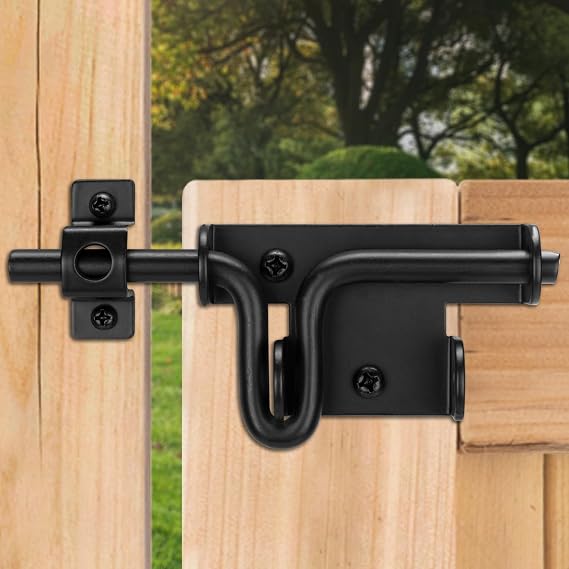 Slide Bolt Gate Latch for Wooden Fence, Sliding Bolt Gate Latch Door Lock Hardware with Padlock Hole, Slide Bolt for Outdoor Gates/Yard Fence/Shed Door/Barn Door, Black, 2 Pack