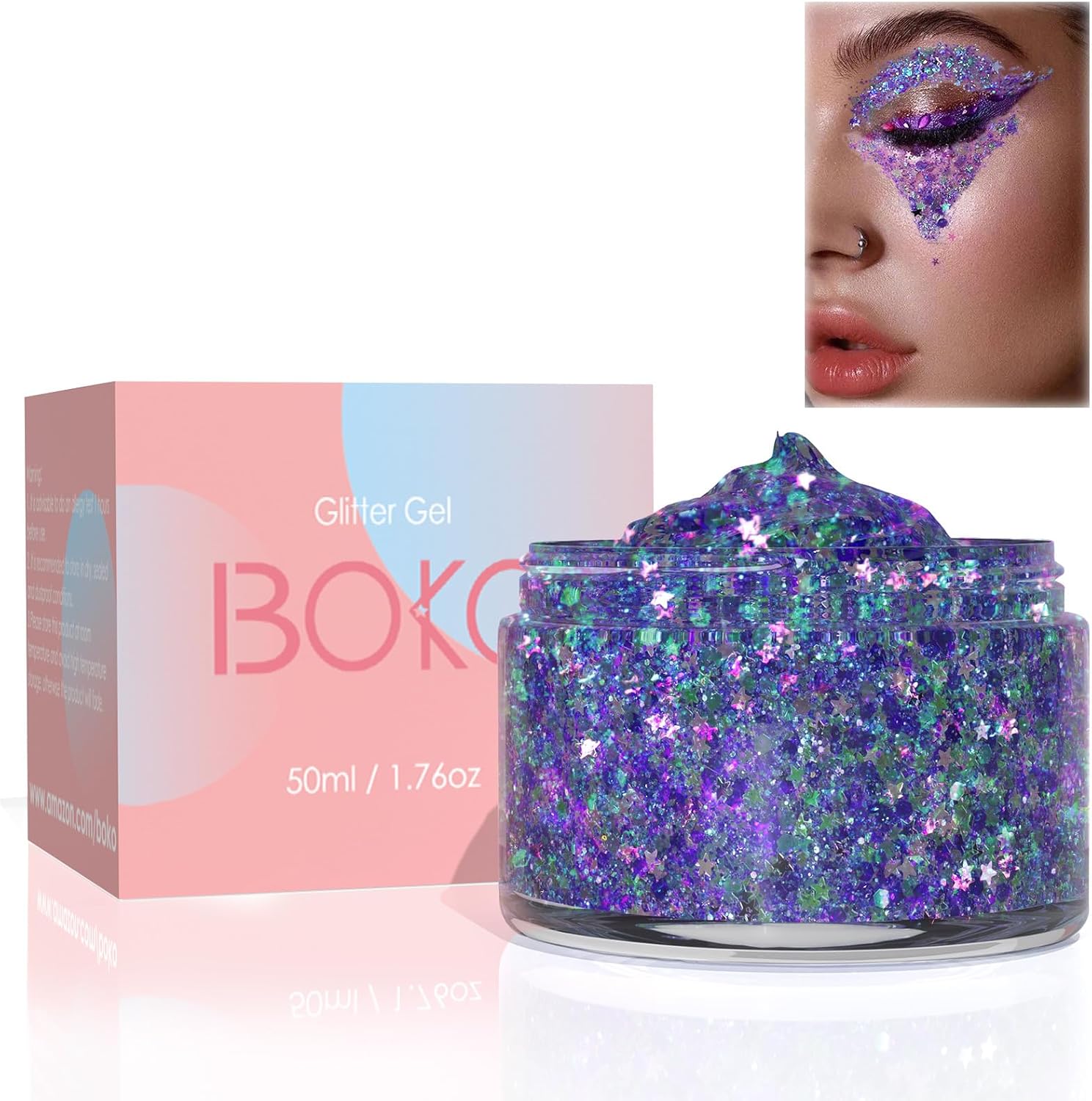 Boko 50ML Body Glitter Gel, Mermaid Chunky Glitter Gel for Face Hair Body Sparkle Makeup, Cosmetic Face Glitter Sequins for Festival Concert Party Rave Accessories - Chameleon Purple