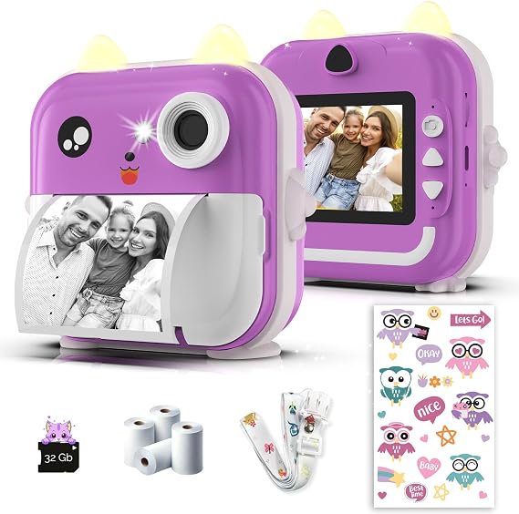 Instant Print Camera for Kids - 1080P HD, 48MP, 32G Card, Bluetooth, Free App, 4 Rolls Print Paper, Stickers, Fun Filters, Boys' and Girls' Gift - Purple Camera for Kids 3-12 yo