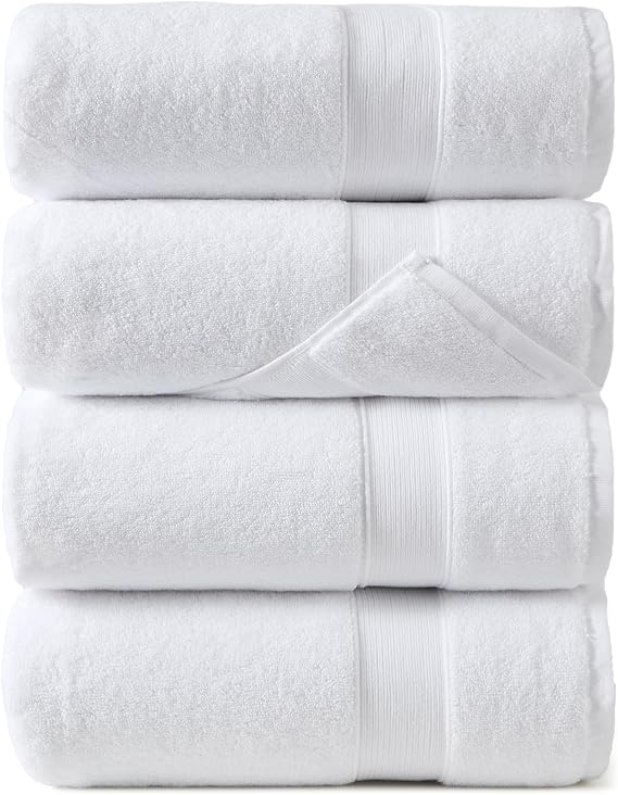 REDKISS White Bath Towels 4-Pack, 100% Cotton, Thick Plush & Highly Absorbent, 27.5" x 55" for Bathroom Spa & Home