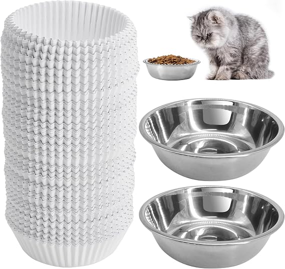 302 Pcs Disposable Cat Food Bowls Set with Pet Feeding Stainless Steel Dish