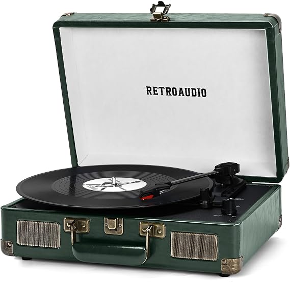 Vinyl Record Player 3-Speed Bluetooth Portable Suitcase Belt-Driven Record Player with 2 Built-in Stereo Speakers Vinyl Vintage Turntable Phonograph Records Player with RCA Line Out AUX Out Dark green