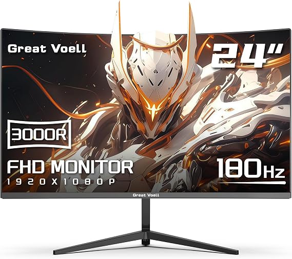 Great voell 24 Inch Curved Gaming Monitor, 180Hz FHD 1080P Computer Monitor, 3000R Curved, FreeSync, Support DP/HDMI/USB Ports, 98% sRGB, 4000:1 Contrast Ratio for Home Office & Gaming-Wall Mountable