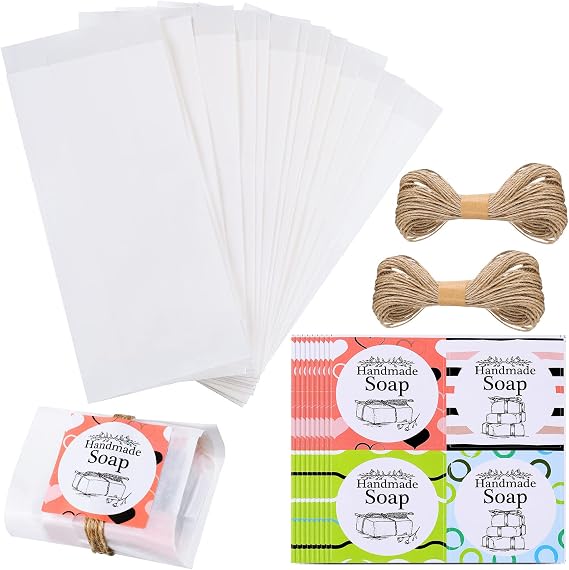 Epakh 100 Pack Soap Packaging Set Includes 100 Soap Wrapping Paper Bag 100 Handmade Sticker Label and 2 Rolls 65.6 Feet Jute String for Homemade Craft Gift Box Packaging