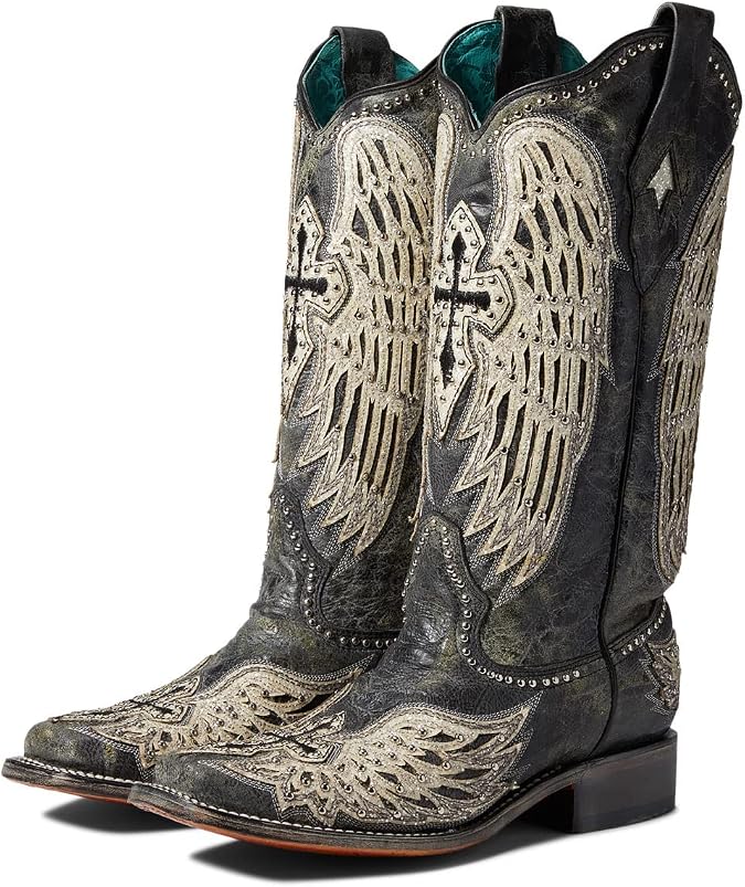 Corral Ladie's Black Cross & Wings Overlay & Embroidery & Studs Sq. Toe, Leather Sole, Western A4243