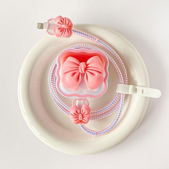 Charger Cover & Cable Protector for Apple 40W Dynamic Power Adapter | Adapter Case, Laser Cable Sleeve. 5-in-1 Set. Prevents Bending & Breakage. Fits iPhone 17/16/15 & MacBook Air 13/15. Pink Bow