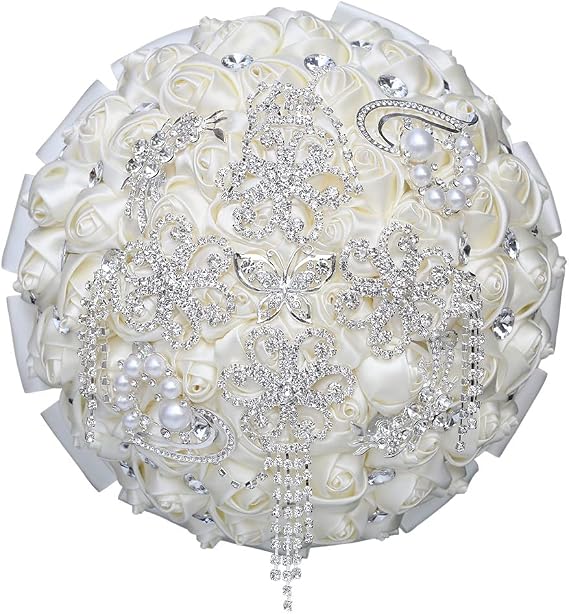 Handmade Rhinestone Brooch Satin Bridal Bouquet,Crystal Wedding Round Tossing Bouquet Mini,Artificial Flower Bunch with Diamond Pearl Ribbon 5.9"(85#Ivory)