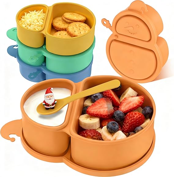 4 Pack Silicone Snack Containers with Lids and Spoon for Kids, 2 Compartments Reusable Snackle Box Container, Small Portion Control Food Storage Container for Picnic School Office Sauce Salad Fruit