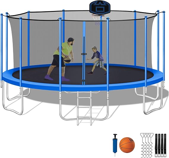 SKYUP Tranpoline for Kids and Adults, 8 10 12 15 16 FT 1500LBS Tranpoline with Net - with Basketball Hoop, 4PCS Wind Stakes, Ladder and Pad, ASTM CPC CPSIA Approved Recreational Outdoor Tranpolines