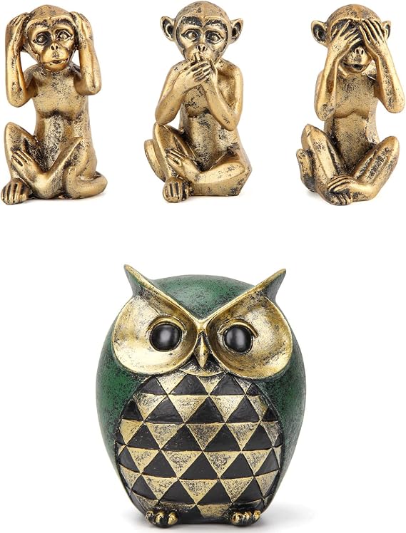 Leekung 3 Wise Monkeys Statues & Owl Statue Figurines Bundle