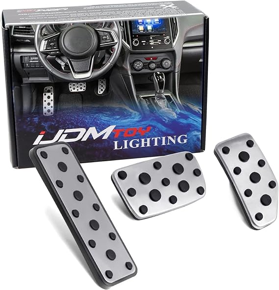 iJDMTOY 3pc Set Track Racing Style Direct Fit Silver Aluminum Gas/Brake/Clutch Pedal Covers Compatible with Subaru Impreza Forester Outback Crosstrek XV w/Automatic Transmission