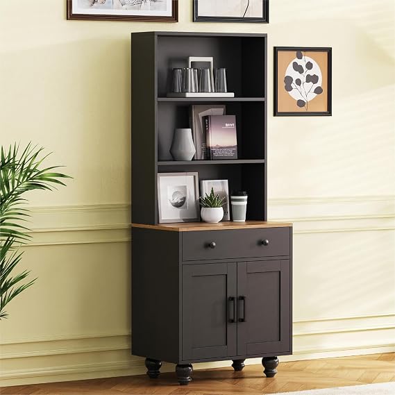 23.6" Bookcases and Bookshelves, 62.9" Tall Bookshelf with Doors, Drawer and Open Storage, Farmhouse Tall Book Shelf for Living Room, Home Office, Bedroom, Black