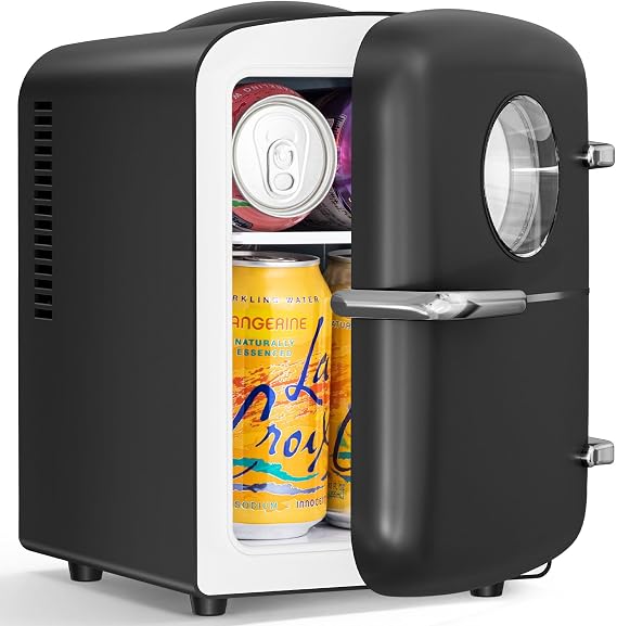 Antarctic Star Mini Fridge, 4L Capacity/6 Cans Portable Cooler and Warmer Compact Refrigerator, for Bedroom,Car,Office and Dorm, Small Cooler and Warmer for Cosmetics, Beverage and Food, Black
