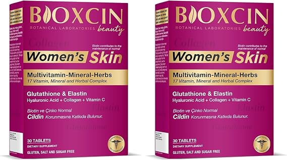 Bioxcin Women's Skin Tablet – Kolajen, Biotin, Glutatyon, Hyaluronik Asit ve Vitamin C İçeren Kadınlara Özel Cilt, Saç ve Tırnak Takviyesi – 30 Tablet (2 paketi)