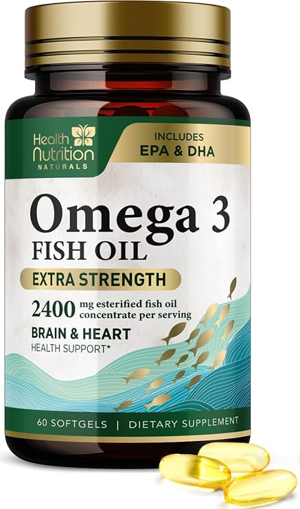 Omega 3 Fish Oil Supplements 2400mg Fish Oil - Triple Strength Omega-3 with EPA & DHA Fatty Acids - Natural Heart, Brain & Immune Support - Wild Caught, Gluten Free, Bottled in USA - 60 Softgels