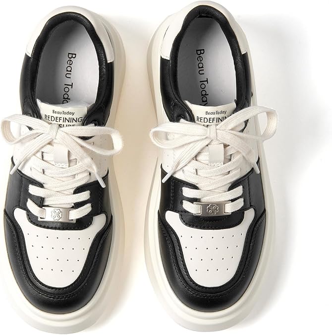 BEAU TODAY Platform White Sneakers for Women,Leather Casual Tennis Shoes