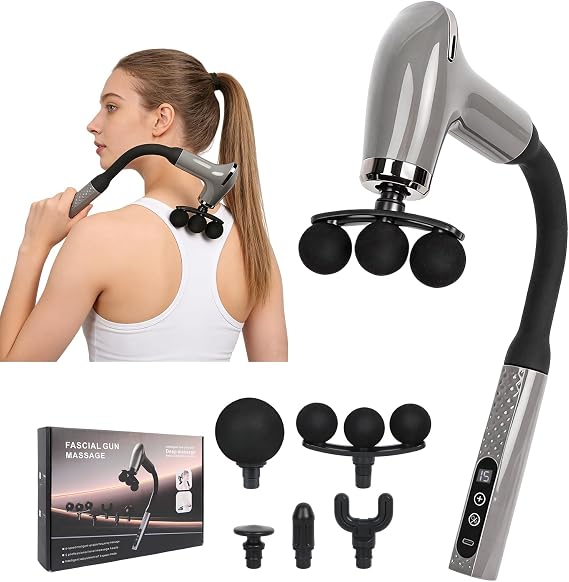 Massage Gun with 9 Speed 5 Head, Muscle Massager with Extension Handle | Massage Gun Deep Tissue for Women Men, Full Body Muscle Relax Massage Tool for Back/Neck/Shoulder/Foot, Gray