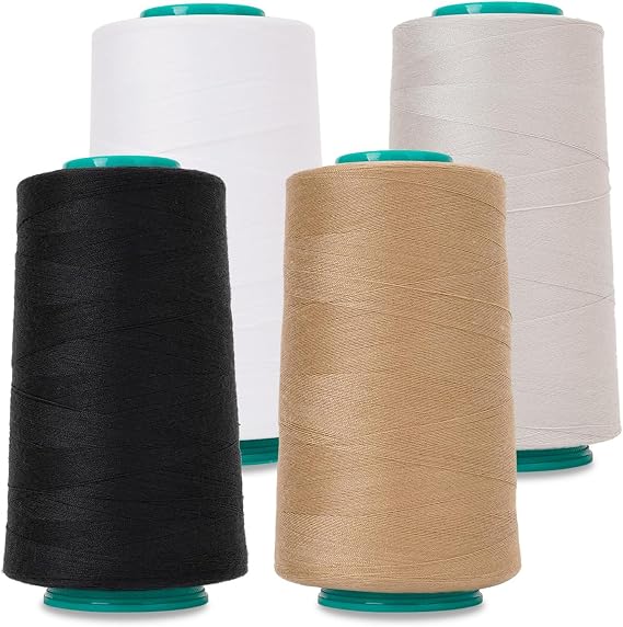Sewing Thread Cones 4 Pack-3000Yds All Purpose Polyester Thread for Sewing,Tex 30,Quilting, Serger Machines, Overlock, Embroidery (Black,White,Light Gray,Khaki)