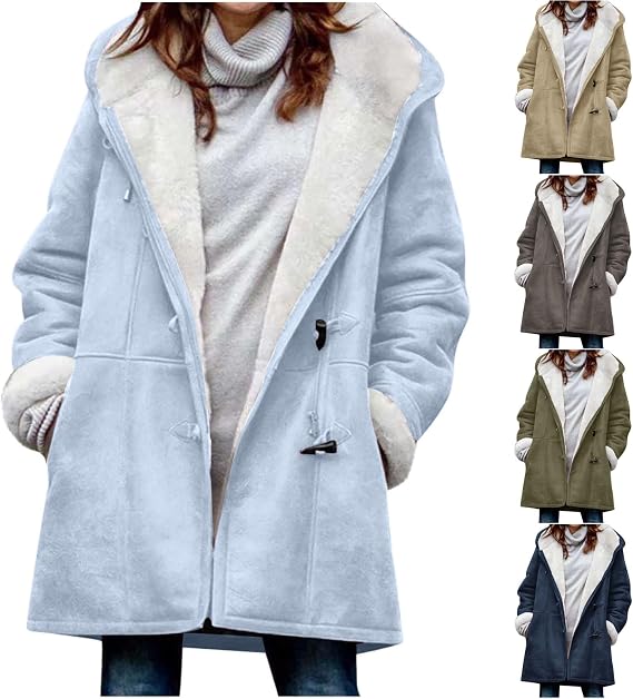Womens Sherpa Fleece Lined Winter Jacket with Horn Buttons Hooded Duffle Jacket Warm Winter Coats Overcoat Outerwear