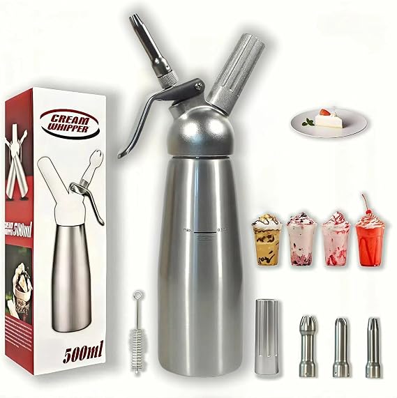 Cream Whipper Canister, Professional Whipped Cream Dispenser, 500ML Aluminum Canister with Stainless-Steel Decorating Nozzles & Cleaning Brush, Leak-Proof Design
