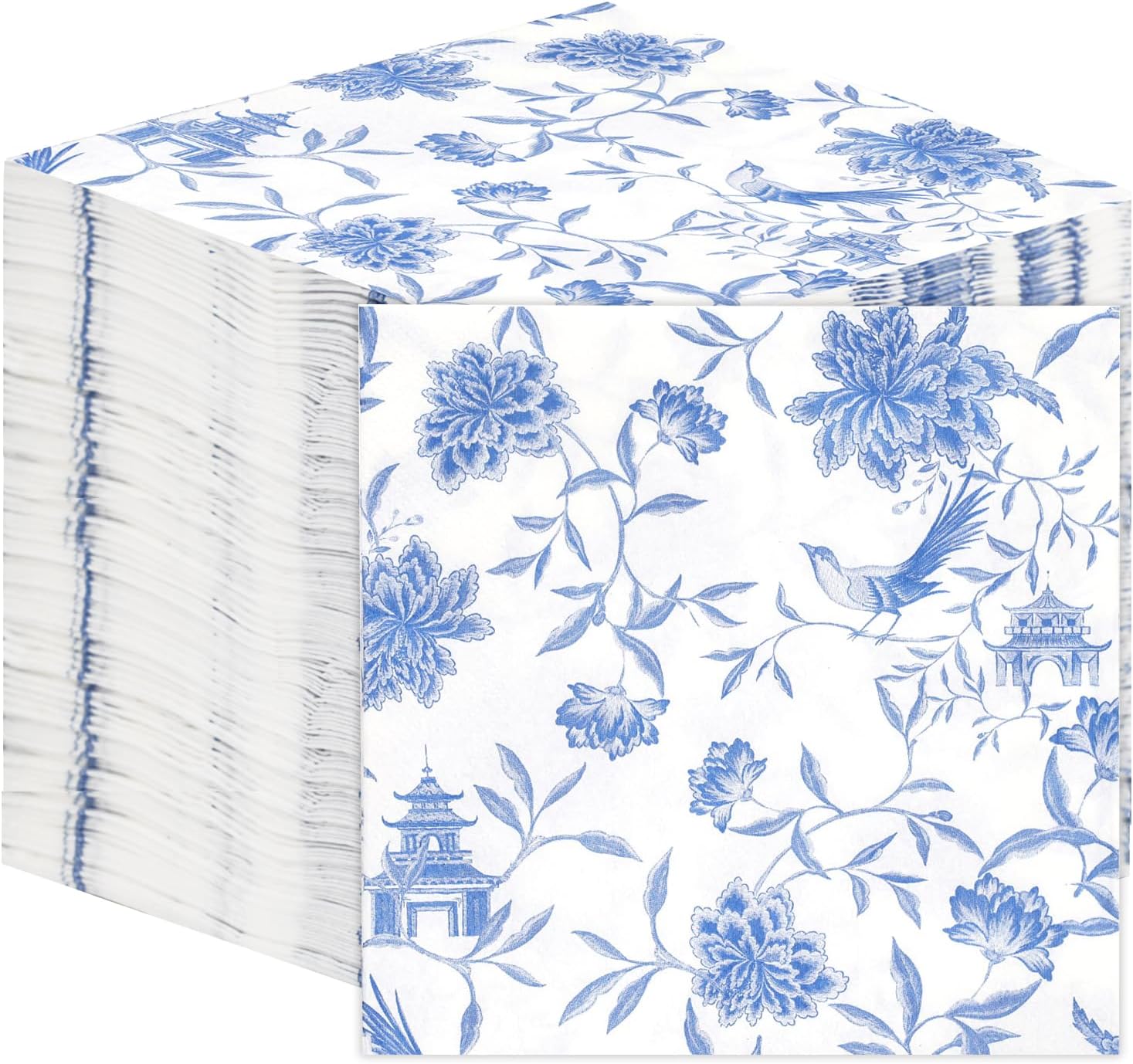 Table Kind 100 x Bulk Pack Soft Blue Chinoiserie Paper Napkins, Disposable Party Serviettes for Birthday, Weddings, Hen, Everyday Tableware, Catering, Christmas, Recyclable Made in EU 2ply 33cm