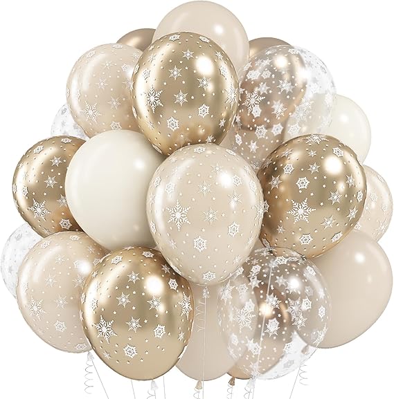 Jobkoo Snowflake Balloons Winter Wonderland Beige Gold Cream White Sand Balloons Neutral Boho Winter Balloon Set for Ice Onderland Snow Holiday Birthday Christmas Baby Bridal Shower Party Decorations