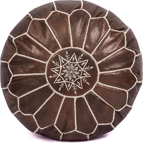 Moroccan Leather Handmade Pouf Ottoman Cover, Unstuffed Foot Stool, Round Boho Footrest for Living Room, Bedroom, Home Decor Gift (Brown By White)