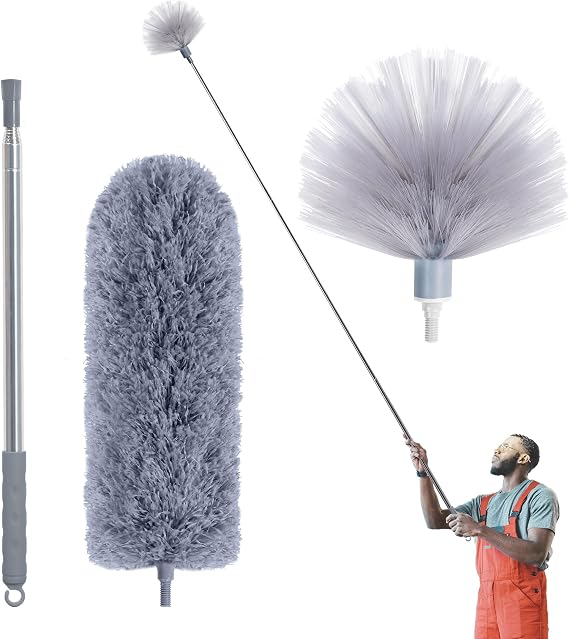 IVYROLL Cobweb Duster with Extension Pole, Spider Web Brush & Ceiling Cleaning Kit, 100" Microfiber Feather Duster Cleaner with Washable Head for Ceiling Fan, Furniture, Home | Spider Web Brush & Ceiling Cleaning Kit, 100" Microfiber Feather Duster Cleaner with Washable Head for Fan, Furniture, Home